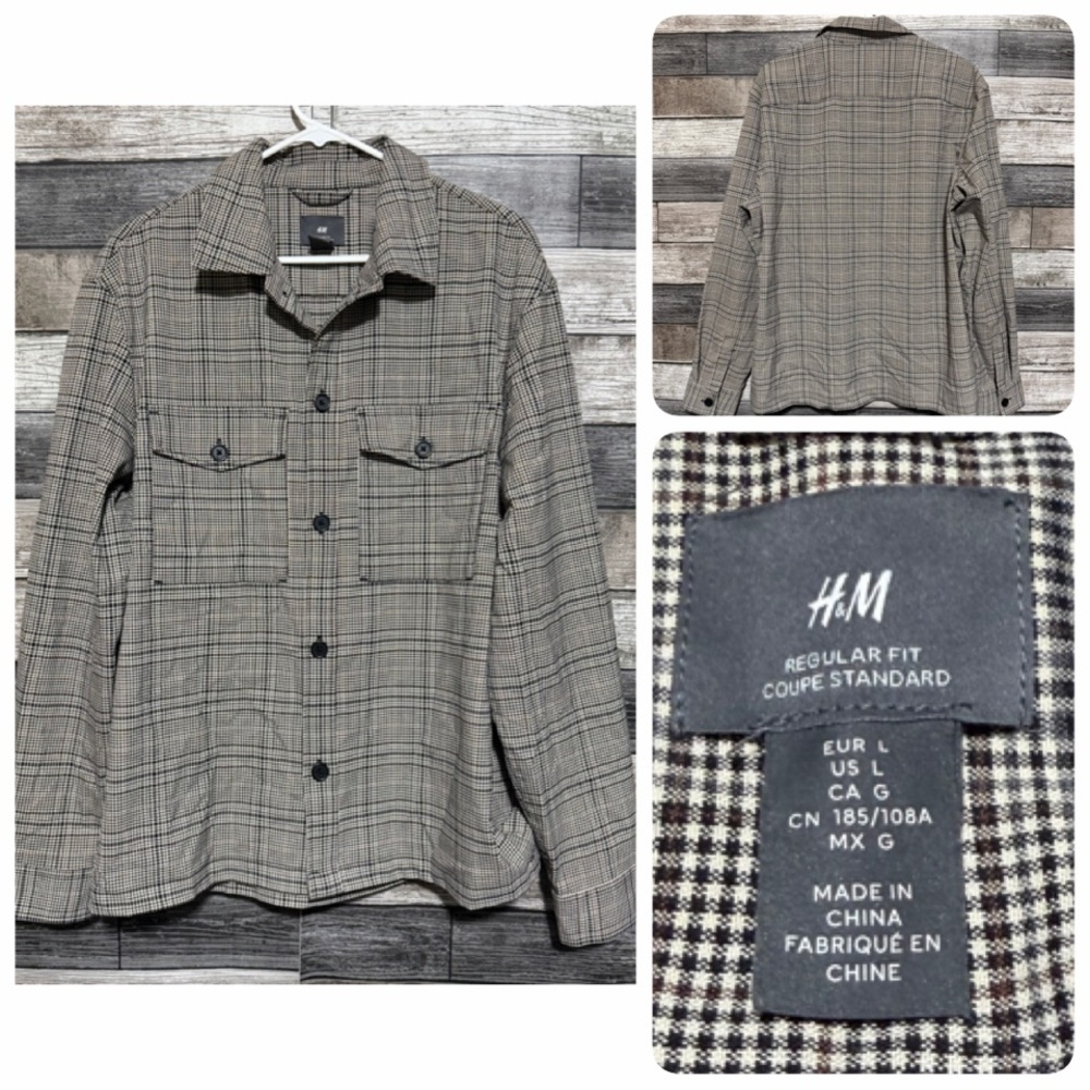 H&M Regular Fit Plaid Overshirt Shacket Men’s L Tan Brown Button Up Casual